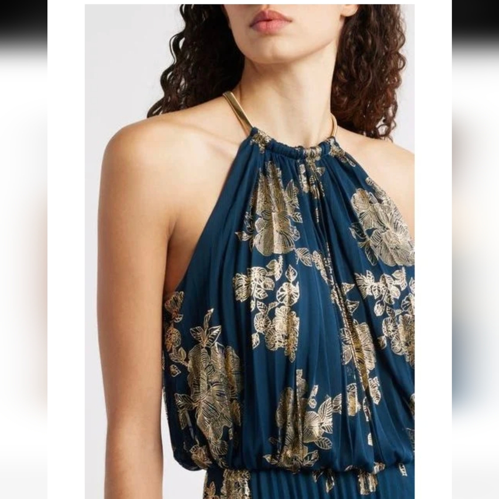 Elegant Gold and Blue Floral Maxi Dress